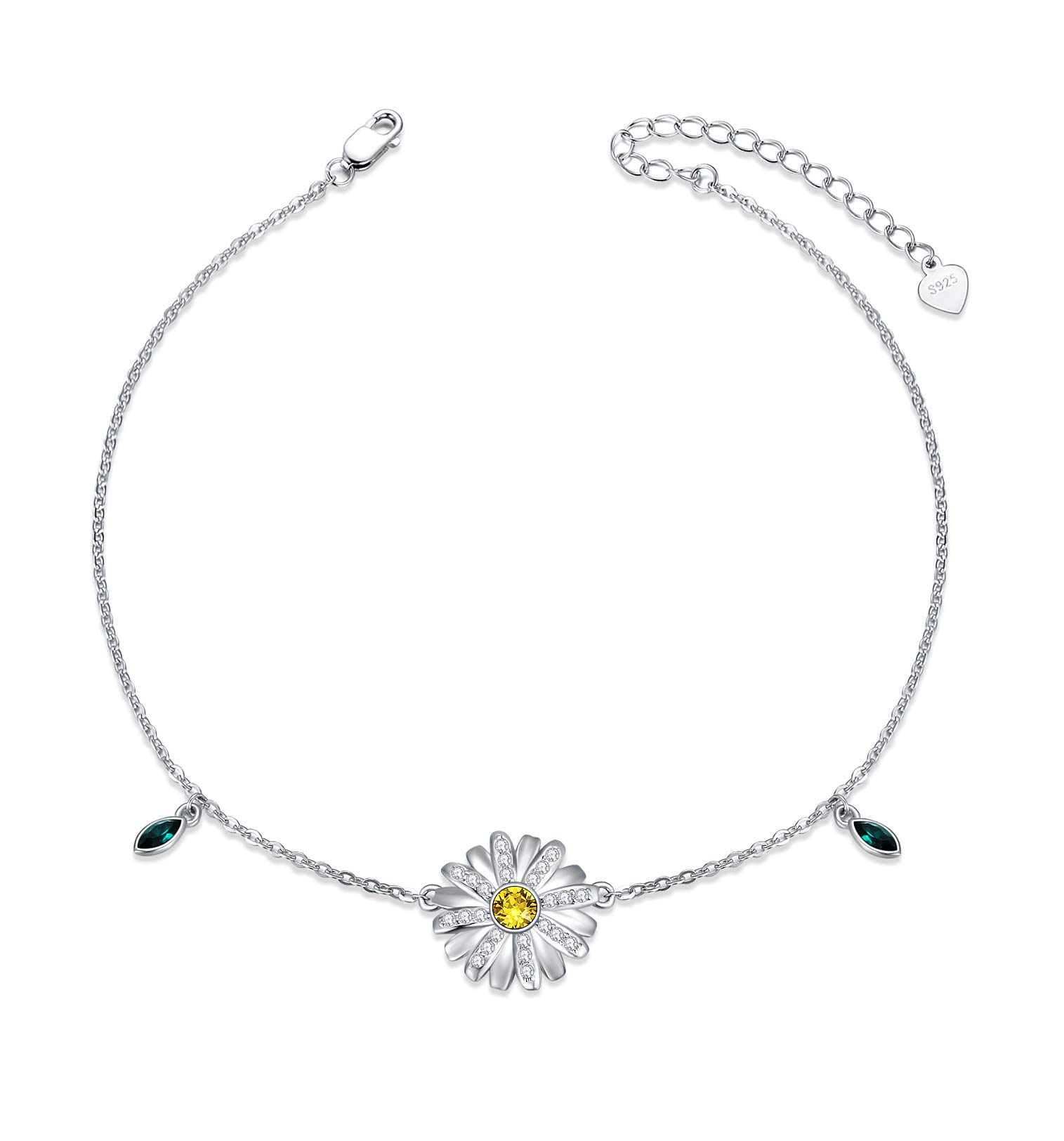 AOBOCO Daisy Flower Anklets Sterling Silver Ankle Bracelets for Women 9+2''