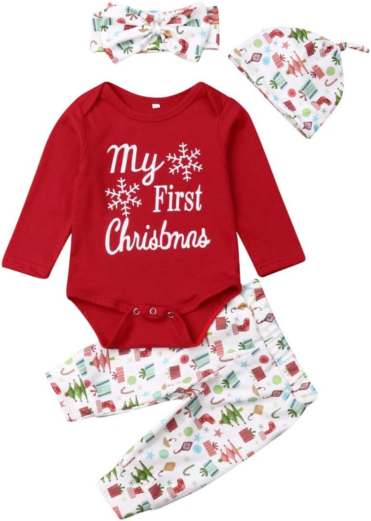 Infant Baby Girls Boys Outfits Snowflake Pattern My First Christmas Long Sleeve Romper+Pants+Headband+Hat