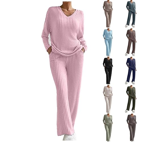 Cocila Pjs for Women Sets 2PC Long Sleeve Lounge Wear Ribbed Knit V Neck Fall Pullover Top Sweater and Wide Leg Trousers Pjs Tracksuit Sleepwear Homewear Winter Warm with Pockets Pink S
