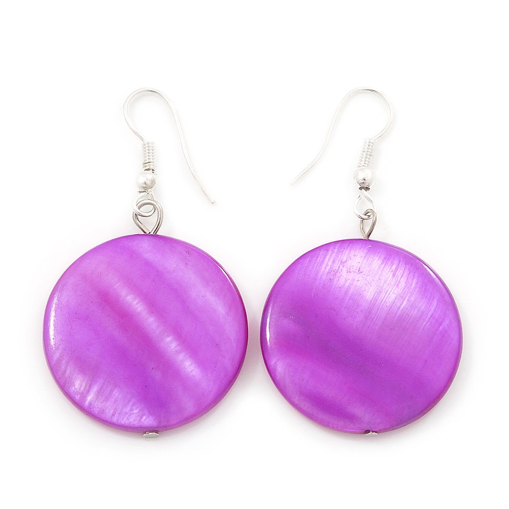 Purple Shell Coin Drop Earrings/Silver Tone Hook/ 4cm L