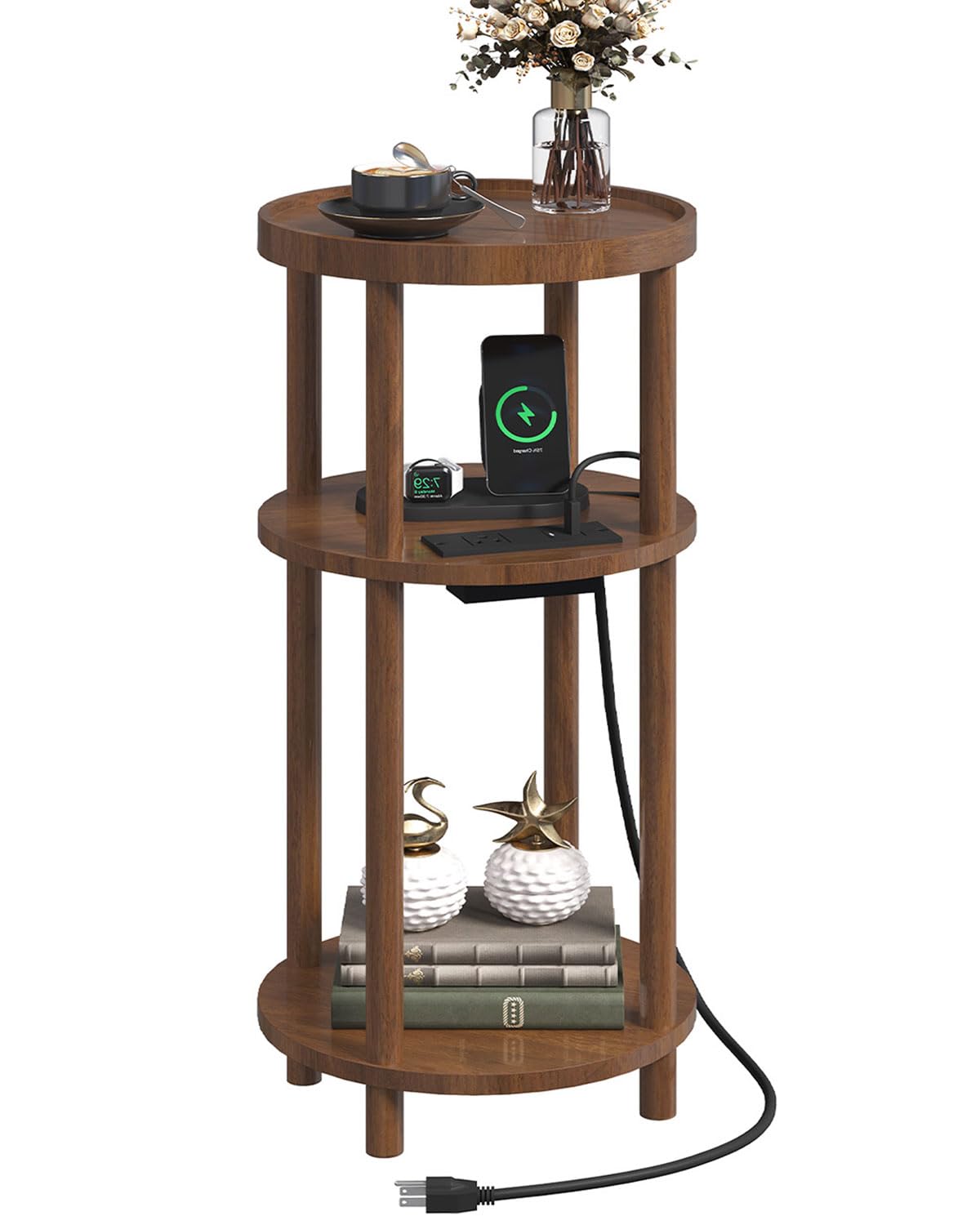 Photo 1 of SANYOUNG Small Round Side Table with Charging Station for Small Spaces, 3-Tier Solid Wood End Table, Compact Sofa Table Bedside Tables for Living Room, Bedroom, Apartment, Mocha