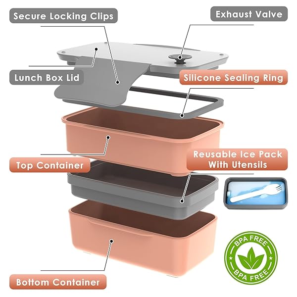 WHALEHOUSE 45 OZ DOUBLE-LAYERS SALAD CONTAINER FOR LUNCH, BENTO BOX WITH ICE PACK, UTENSIL & COOLER BAG, LUNCH BOX WITH LIDS FOR MEAL PREP, MICROWAVE/DISHWASHER/FREEZER SAFE (ORANGE)