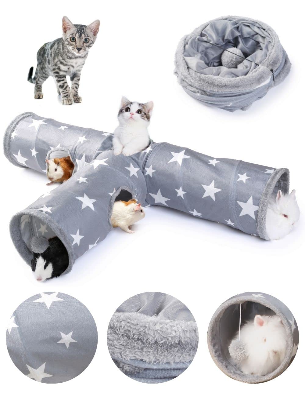 JanYoo Bunny Tunnel Rabbit Hideout Bunny Toys for Rabbits Accessories Guinea Pig Ferret Kitty 3 Ways Collapsible Tunnels