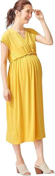 Amazon Co Jp Angeliebe エンジェリーベ マタニティ 授乳 しやすい カシュクール フレンチスリーブ ロング ワンピース 妊婦服 授乳服 産前産後 フリー イエロー 服 ファッション小物