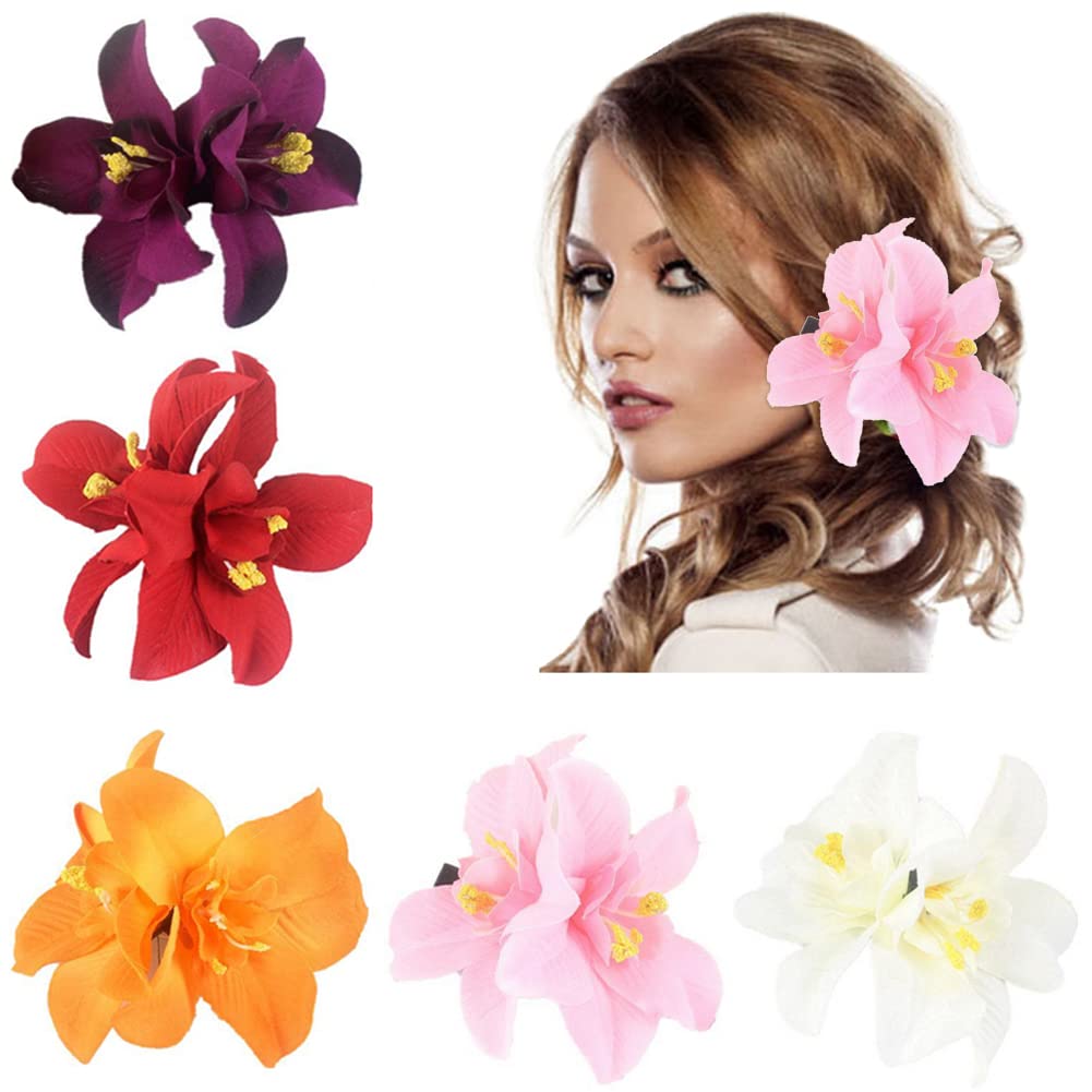 5 PCS Big Double Chiffon Orchid Flower Hair Clips Multicolor Butterfly Orchid Alligator Clips Hawaiian Flower Clips Wedding Party Beach Party Bridal Hairclip Hair Pins Hair Barrette Accessories