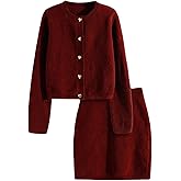 Verdusa Women's 2 Piece Elegant Outfits Button Up Cardigan with Sweater Skirt Set Winter Clothing