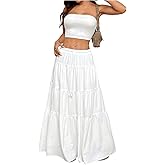 SOLY HUX Women's Summer 2 Piece Outfits Bandeau Tube Top and Ruffle Hem Long Skirt Set