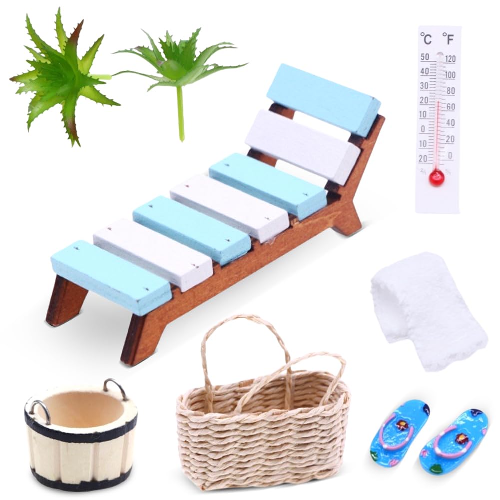 YNNHUDEEP Miniature Decoration - Sauna Accessories 9 Pieces, Miniature Sauna Scene Shooting Props Model, Miniature Ornament Set for DIY, Money Gift, Mini Beach Chair Basket Slippers Bucket Bath Towel