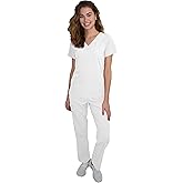 Green Town Scrubs for Women Scrub Set - V-Neck Top and Straight Leg Pant, 5 Pockets, Easy Care-White-Large