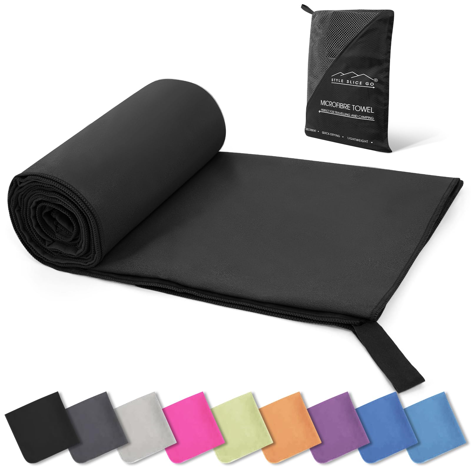 Style Slice Microfibre Towel Quick dry Lightweight Absorbent Travel Towel for Sports Beach Gym Swimming Camping Hiking Drying Pets (Black, SMALL 60cm x 30cm)
