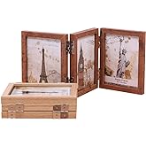 Collage Picture Photo Frames - 3.5x5, Triple Hinged 3 Desk Picture Frame, Wooden Desk Tabletop Family Photo Frame with Glass Opening, Decorative Folding Trifold Picture Frame Stand Vertical, Brown