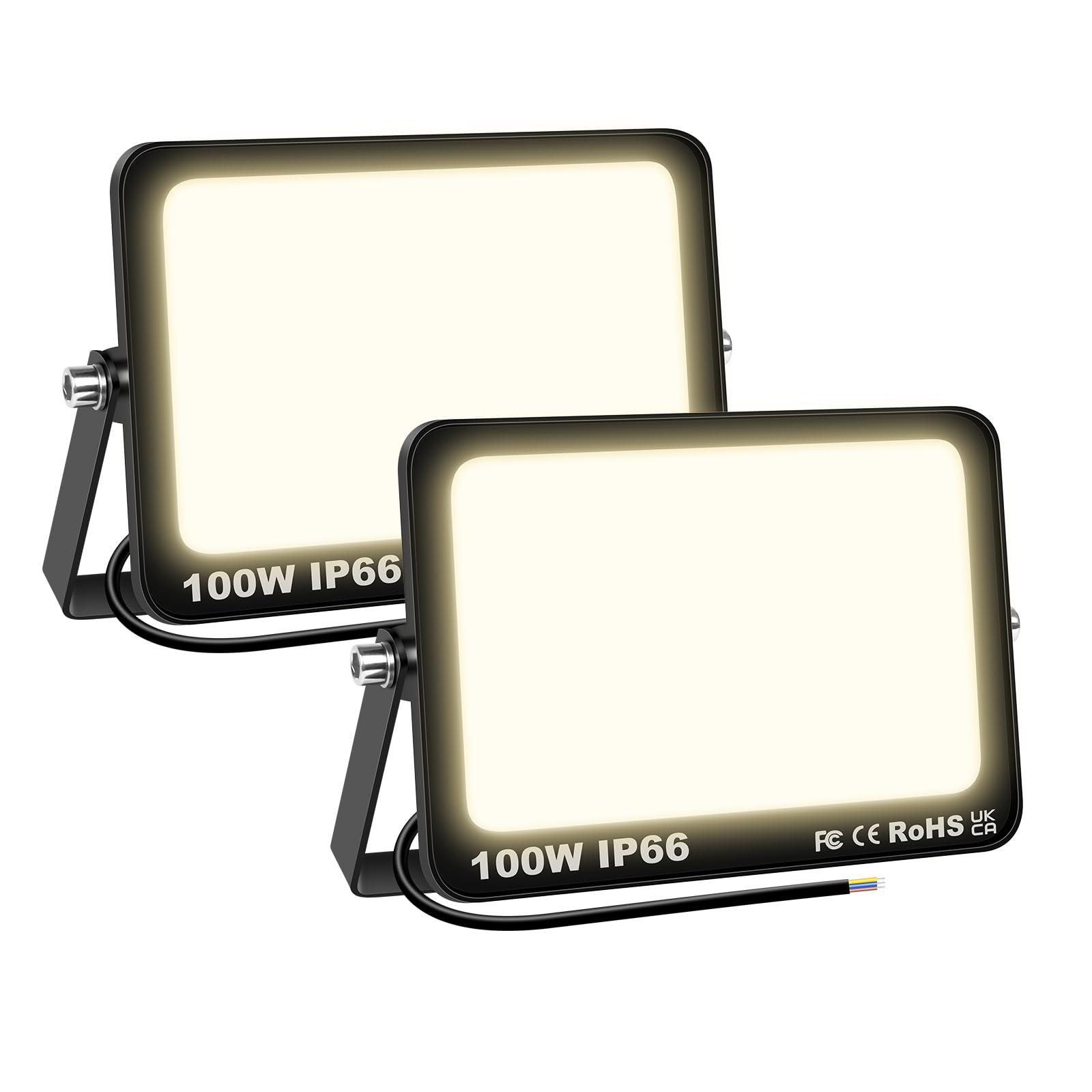 SKYWORLD 2 Pcs 100W Outdoor LED Flood Lights, 10000LM LED Security Lights, IP66 Waterproof, 3000K Daylight Warm White Floodlight Outside Flood Lamp for Garden Garage Yard Lawn Court Patio Warehouse