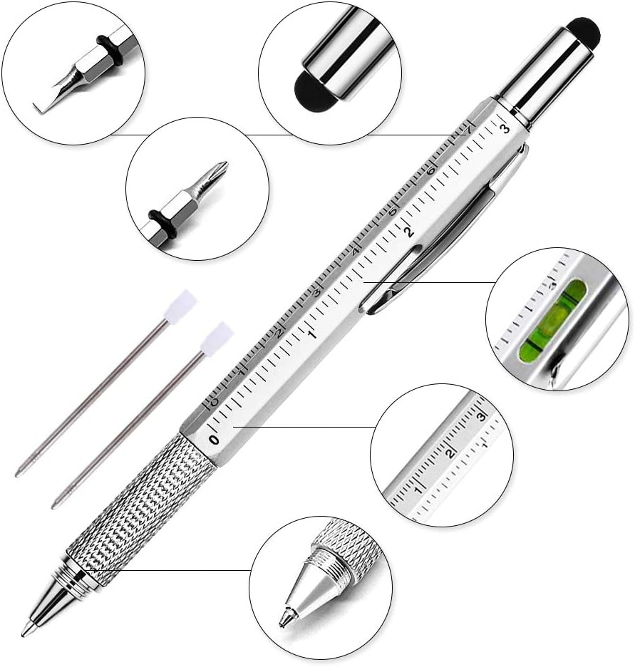 Super 6-in-1 Multifunction Tool Pen Ruler, Spirit Level, Ballpoint Pen, Stylus, Flat Head or Phillips Screwdriver | Perfect Novelty Gift for Men (Silver)