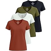 Real Essentials 4 Pack: Women's Classic-Fit Cotton Short-Sleeve V-Neck T-Shirt (Available in Plus Size)