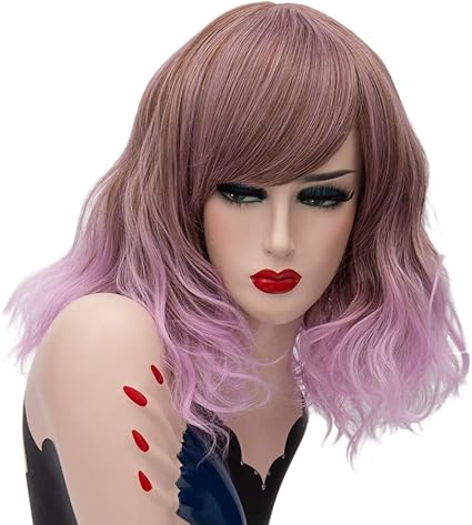 Perruque Cheveux Courts Bouclés Femme Brun Dégradé Violet