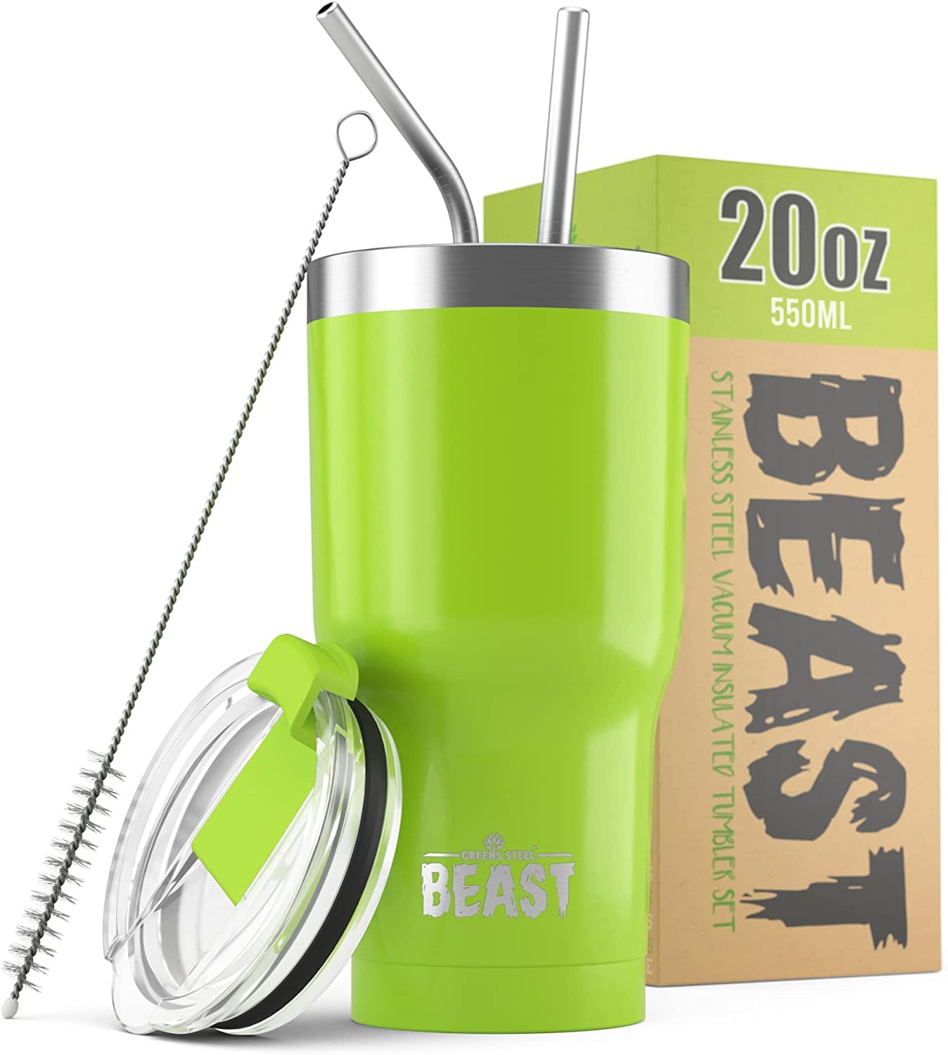 Beast Tumbler - 550 ml (20 oz), Green | Reusable Stainless Steel, Vacuum Insulated Cup | with + 2 Straws & Cleaning Brush | Double Wall Travel Flask Perfect for Hot or Iced Coffee | BPA Free — image 1