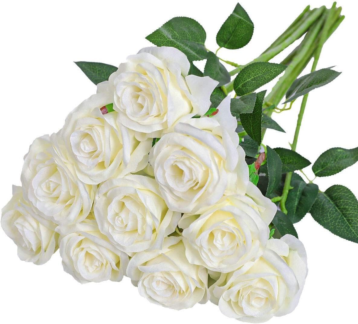 Nubry Artificial Silk Rose Flower Single Stem Lifelike Fake Rose for Wedding Bouquet Floral Arrangements Home Party Centerpiece Decoration, 10pcs (Off White)