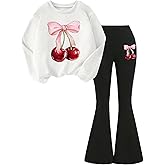 Ecolala Girls 2 Piece Outfits Long Sleeve Crew Neck Bow Sweatshirt Top and Flare Pants Set