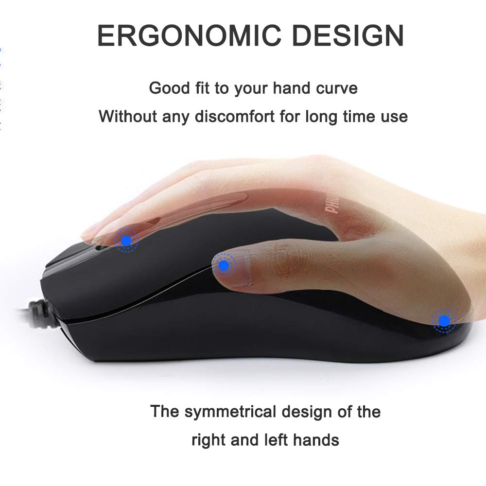 Philips USB Wired Mouse, Portable Optical Mice Silent Click Noiseless laptop Mice 1000 DPI for PC Laptop Notebook Mac - Black
