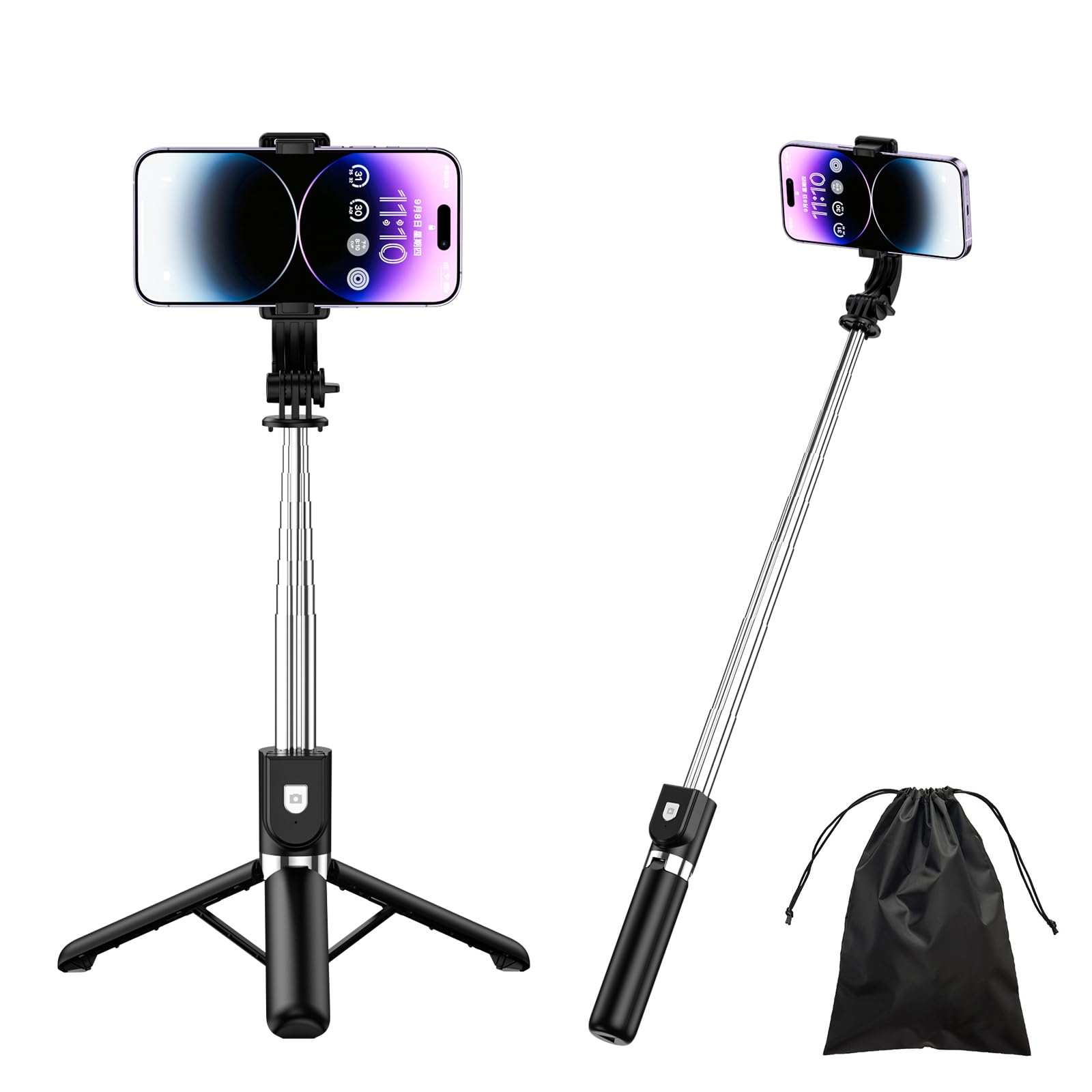 H.May Selfie Stick Tripod, 4 in 1 Stable Tripod Stand 43" Extendable and Portable Selfie Stick with Detachable Wireless Remote Compatible with iPhone 14 Galaxy GoPro Smartphone-Black