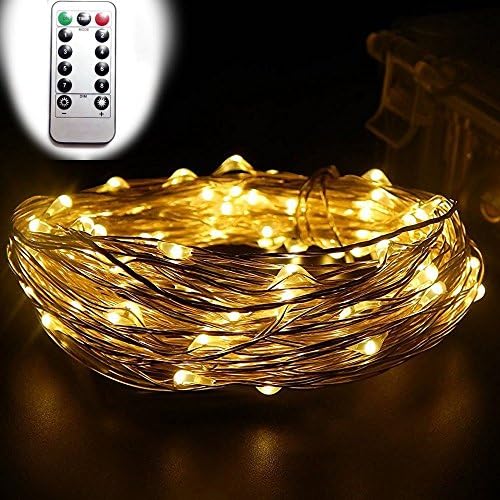 Dreamworth 10M 100 LEDS Battery Operated Remote Contol LED String Lights Flexible Silver Coating Copper Wire Light LED Starry Lights Fairy Lights For Christmas Holiday Party Wedding(Warm white)