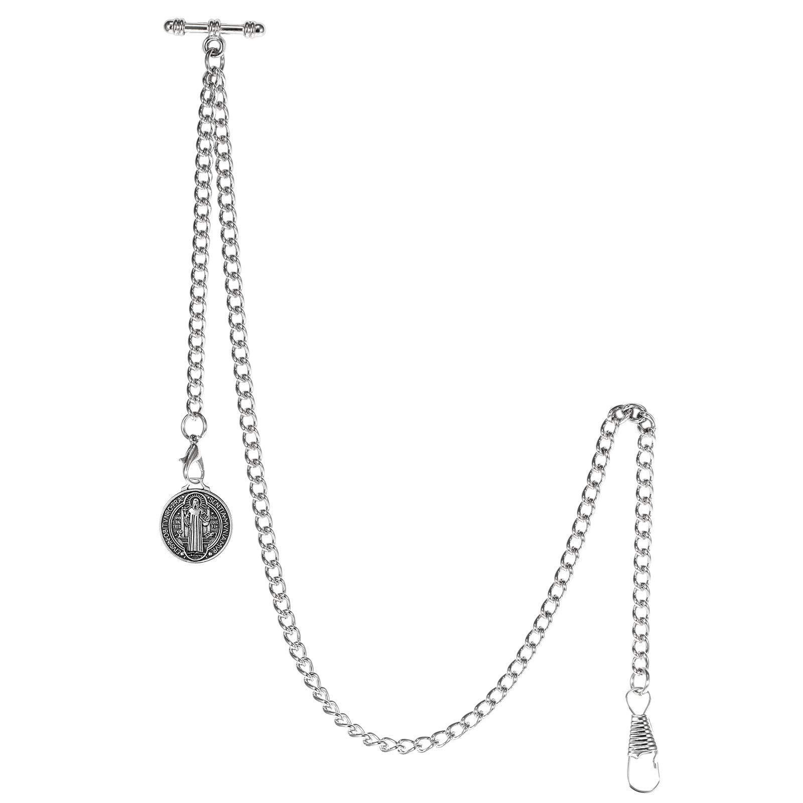 TREEWETO Men's Double Albert Chain Pocket Watch Curb Link Key Chain 2 Hooks with Antique St. Benedict Pendant Design Charm Fob T Bar