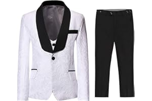 Boyland Boys Tuxedo Suits Floral Jacqurad 3 Pieces Slim Fit Shawl Lapel Tux Jacket Tux Vest Pants Party Wedding White Blue