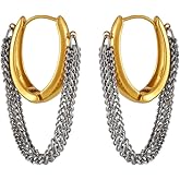 Chain Tassel Round Dangle Hoop Earrings for Women Stainless Steel Huggie Hoops Earrings Geometric Thick Chains Dangling Charm Hinged Earrings Jewelry