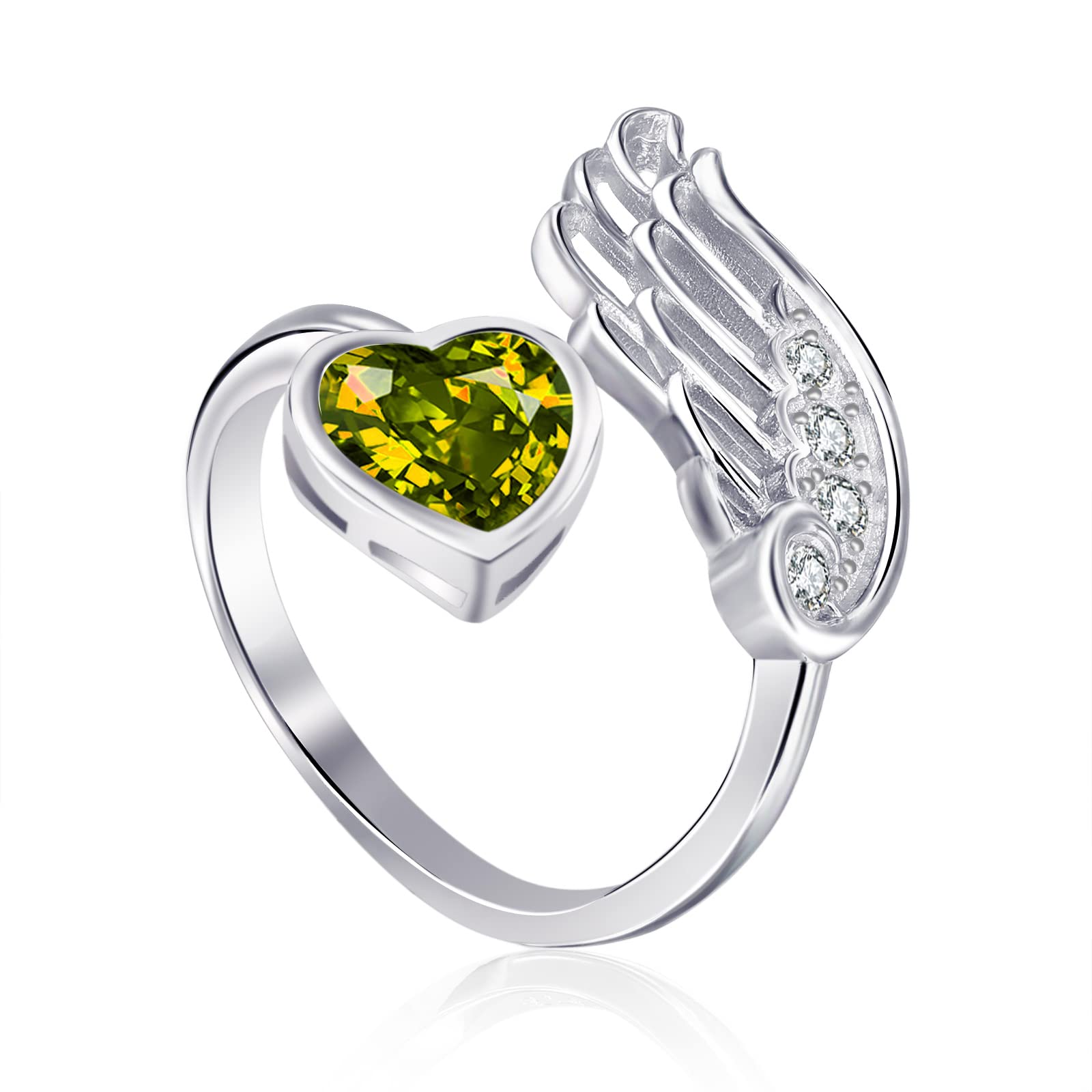 Qings Peridot Birthstone Ring Sterling Silver Feather Guardian Angel Wing Adjustable Open Rings Olive Green Heart Gemstone Birthstone Rings for Mom August Birth Stones Jewellery Gifts