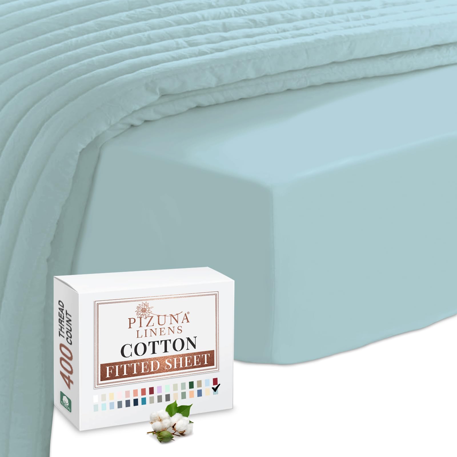 Pizuna 400 Thread Count Emperor-Fitted-Bed-Sheets Cotton Baby Blue, 100% Long Staple Cotton Bed Sheet, Luxury Soft Sateen Deep Fitted Sheet 200x200cm Fits Upto 40cm (100% Cotton Bottom Fitted Sheet)