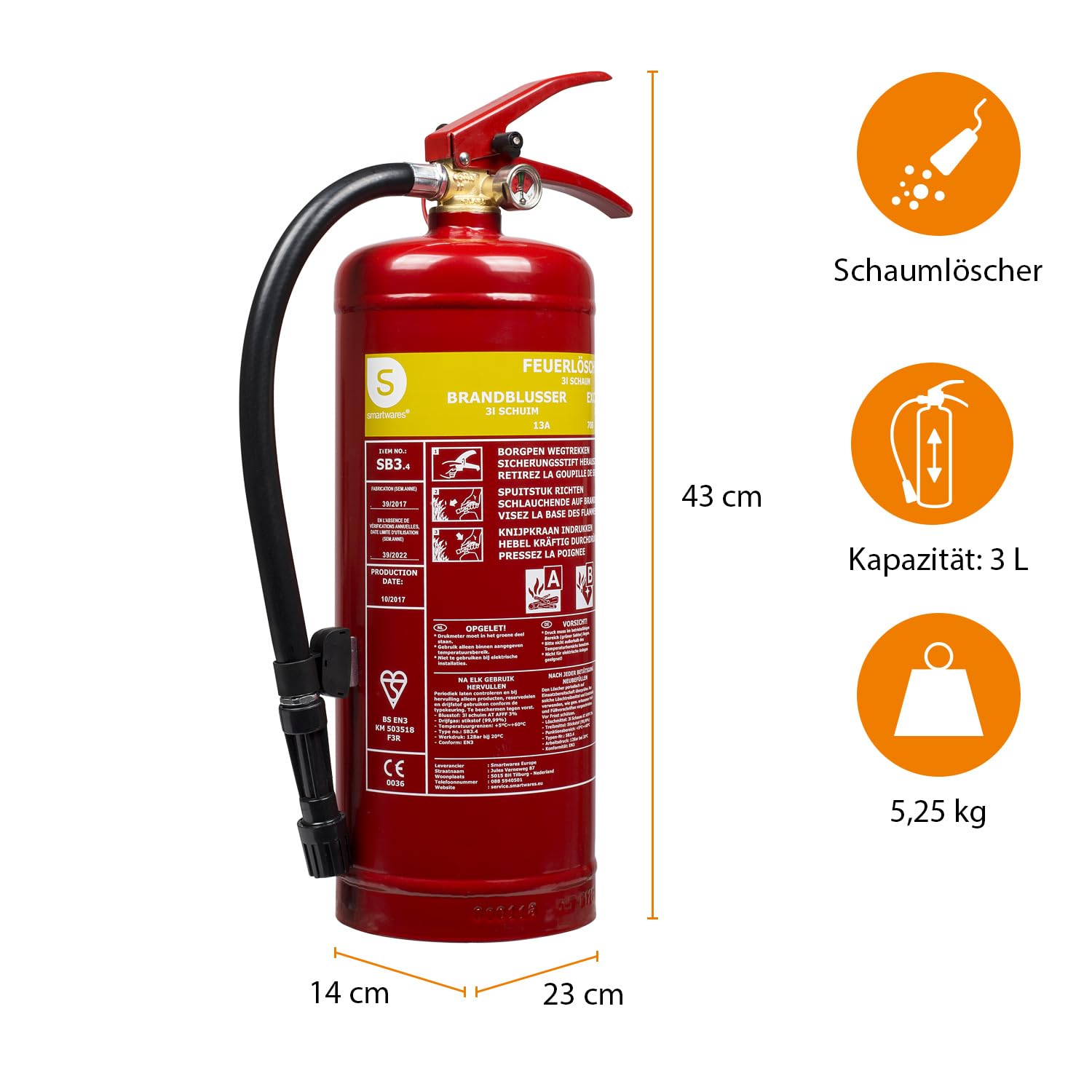 Smartwares FEX-15230 (SB3.4) Schaum Feuerlöscher 3L Klasse AB Stahl mit Halterung und Druckregler, DIN EN3 konform 4
