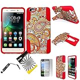 For Huawei Raven LTE H892L ITUFFY 3items: Screen Film+Stylus Pen+Dual Layer Impact Resistance Plastic Cover Soft Rubber KickStand Hybrid Case (Red Silver Orange Paisley)