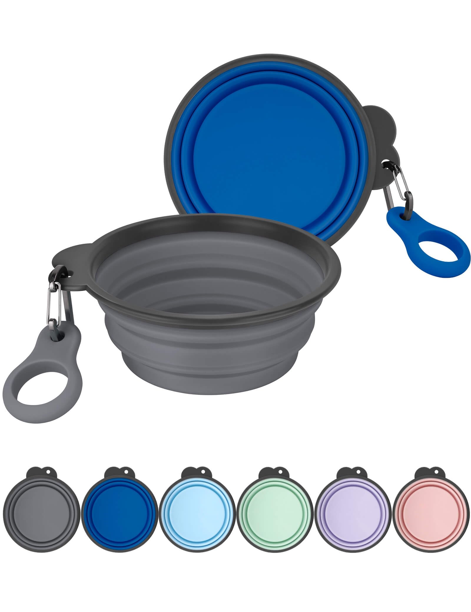 Heouvo Collapsible Dog Bowls with Bottle Carrier, 2 Pack Travel Dog Water Bowl with Upgraded Carabiner, One-piece Molded Rim No Fall Off or Crack (Gray/Navy Blue, Large(Pack of 2))