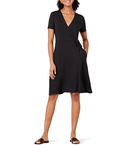 Anne Klein Petite Classic 3/4 Sleeve Wrap Dress Black at Amazon Women's Clothing store