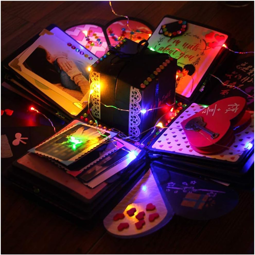 Creative Explosion Box -Gift Box with Color Lights,Scrapbook DIY Photo Album Box for Birthday Anniversary Valentine Day Wedding(Black)(Finished Product).