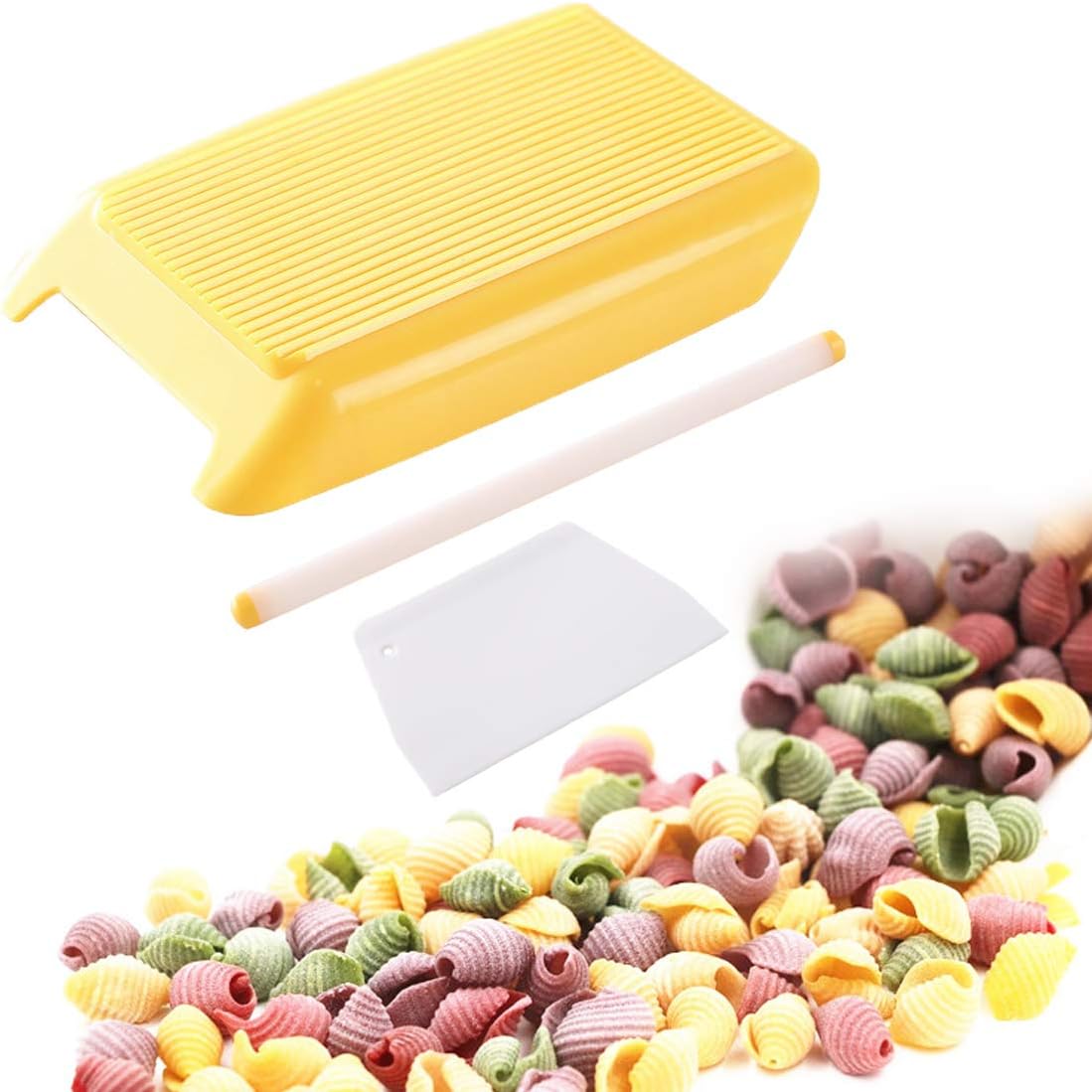 TRRUT Spaghetti Macaroni Pasta Board,Delicia Rigagnocchi Garganelli,Baby Food Supplement Gnocchi Making Plastic Mold Creativity Kitchen Tool(Panel+Rolling Pin +Cutting Board) (Macaroni Mold)