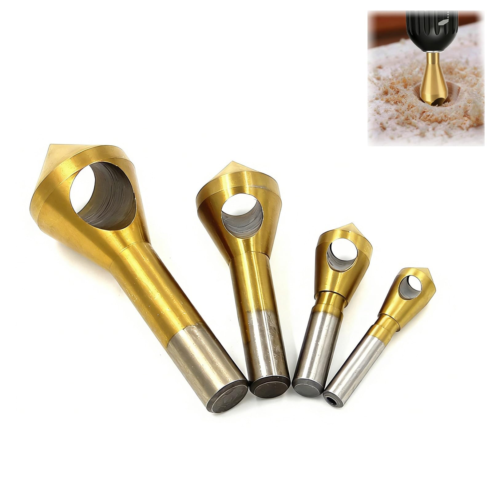 4pcs Countersink Drill Bit Set Deburring Chamfer Drill Bits, Titanium Coated High Speed Steel Countersink Bit for Metal, Wood, Wool, Plastic, DIY, Gold