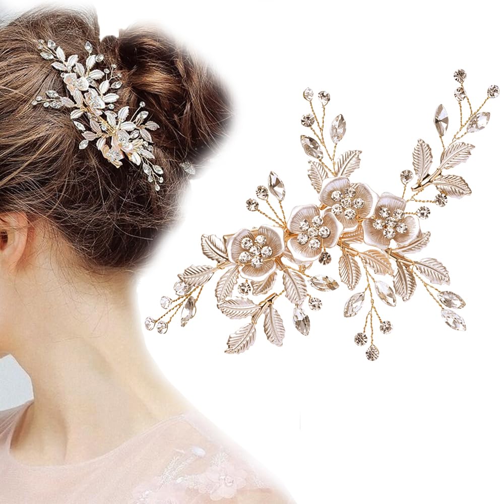 Wedding Hair Clip Rhinestone Bridal Handmade Flower Clip Crystal Hair Pins Bridal Bridesmaid Wedding Hair Accessories for Women and Girls Party Gift (Light Rose Gold)
