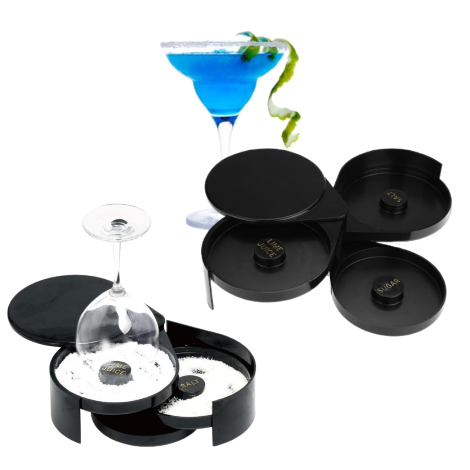 Beufee 3 Tier Margarita Salt Rimmer, 2 Pack Bar Glass Rimmer with Acrylic Sugar Salt Rimmer Lime Glass Salt Box Spice Container Salt Box Spice Container for Cocktail Bartender Tool Party Home, Black