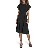 Calvin Klein Womens Extended Shoulder Boatneck Knee Length Crepe Fit & Flare Dress