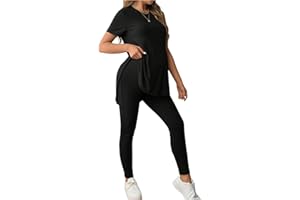 OYOANGLE Women's Maternity 2 Piece Ribbed Knit Lounge Set Short Sleeve T-shirt and Legging Pants Fall Outfits