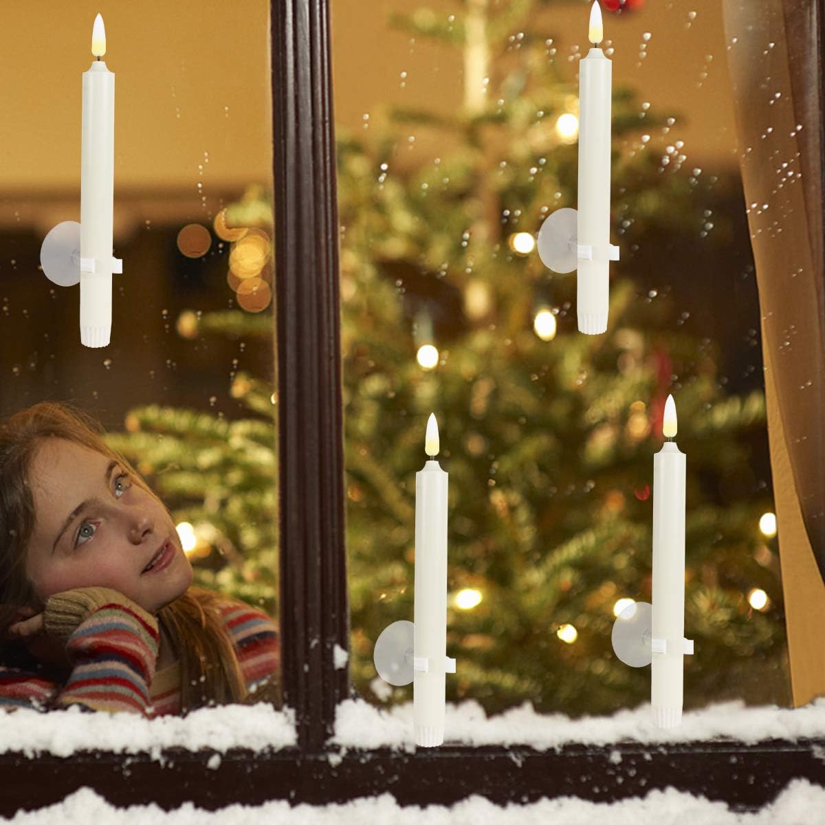 8 Pack Flameless Window Candles Set. with 8 Clips+8 Suction Cup+8 Golden Candleholders. Battery Powered Ivory LED Taper Candles with Remote Timer & Candlestick for Windows Christmas Decor: Home & Kitchen