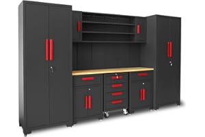 Torin Garage Storage Cabinets System, 8-Pcs Workshop Cabinet Set in Black, Included Steel Cabinets Drawers Rolling Chest and Pegboard,Locked Garage Storage Cabinet