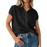 Tankaneo Womens Cap Sleeve Polo Shirts Summer V Neck Collared Tops Casual Loose Fit Boxy Tees