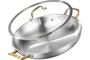 DELARLO 14 Inch Paella Pan With Lid,Premium Tri-Ply Stainless Steel, Extra Large Cooking Surface for Fast & Even Heating, Per