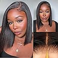 Nadula Glueless Yaki Straight Bob Bye Bye Knots 7x5 Lace Front Wigs Human Hair Pre Plucked Invisible Knots Pre Everything 3S Ready to Wear Short Yaki Bob Wigs Pre Cut 150% Density 10inch