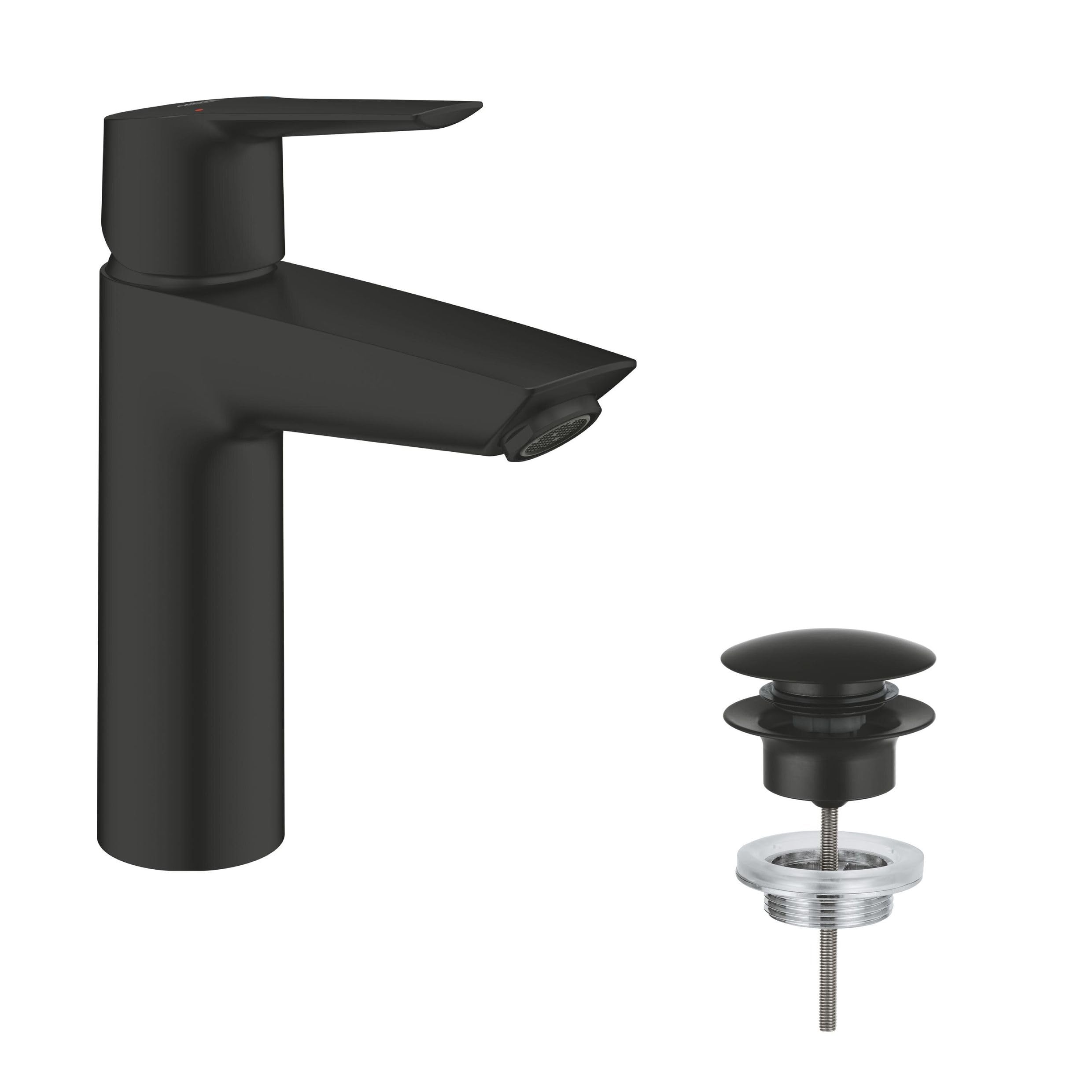 GROHE Start - Smooth Body Basin Mixer Tap with Push-Open Pop-Up Waste Set (Metal Lever, 28 mm Ceramic Cartridge, Water Saving Mousseur 5.7 l/min, Tails 3/8 Inch), Size 192 mm, Matt Black, 235752432