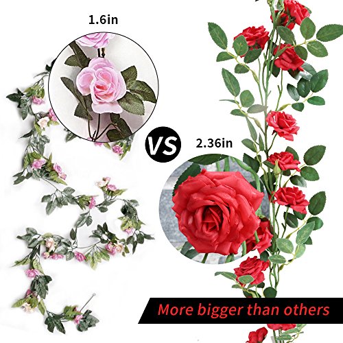AmyHomie 3 Pack Artificial Rose Garlands,Silk Fake Rose Vine Flowers Plants for Home Hotel Office Wedding Party Garden Craft Art Decor(big flowers) (red) - Thumbnail 3