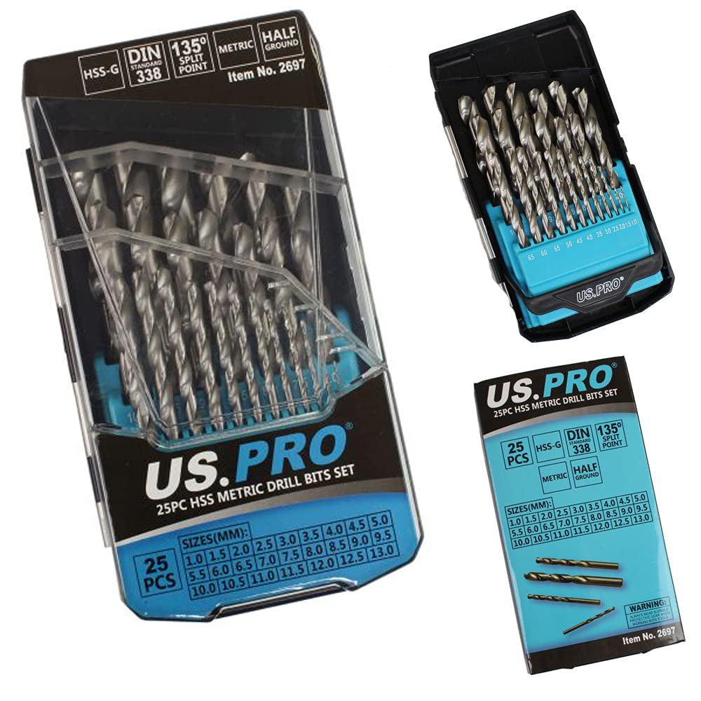 US Pro 25 Piece HSS Drill Bit Set 1mm to 13mm Plastic Case
