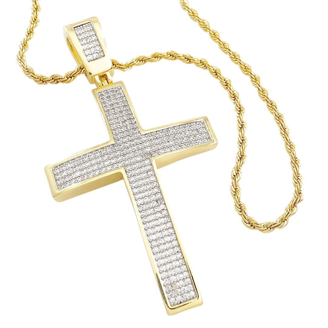 Niv's Bling Iced Cross Pendant Lab Diamond CZ – 18K White/Black/Gold Plated with Free 30 Inch Rope Chain